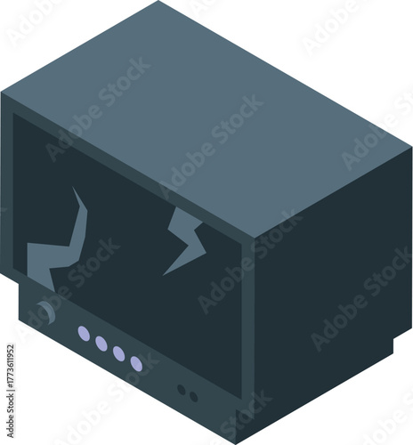 Isometric view of a broken television set with a cracked screen, featuring a lightning bolt symbol, representing electronic malfunction