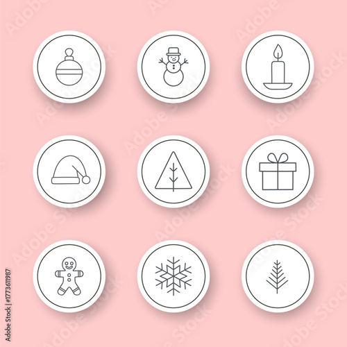 A set of flat vector Christmas icons, holiday symbols: Santa hat, candle, gift, Christmas tree, ball, snowflake, snowman, gingerbread man. Isolated outline Christmas stickers on a white background