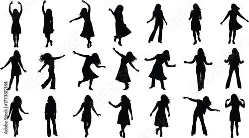 Dance silhouette collection, expressive human poses, black figure movement, choreography reference, gesture study, isolated white background, artistic motion