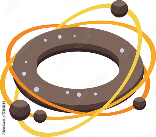 Planets are orbiting around a ring shaped brown planet in space