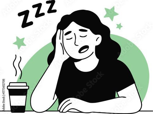 A woman sleeping at a table with a cup of coffee and zzzs floating above her head and green stars