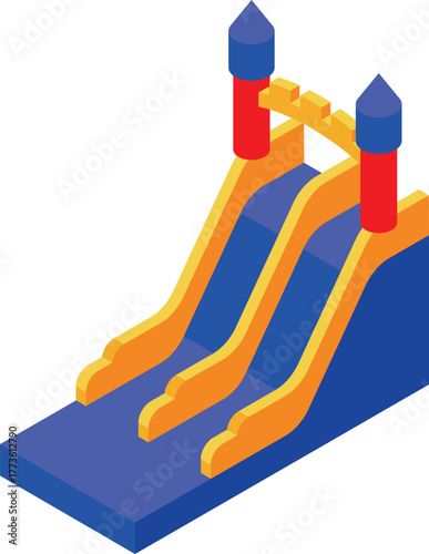 Colorful inflatable double slide with castle towers, providing entertainment for kids at amusement parks and events