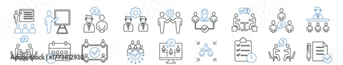 Professional meeting and teamwork icon collection in flat style.