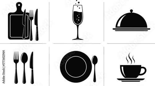 Dining icons, food service symbols, restaurant utensils, champagne glass, cloche dome, coffee cup, plate, spoon, fork, knife, catering, hospitality, beverage, meal, drink, kitchen, cooking, serving