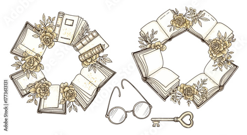 Vintage library wedding vector elements with book wreath, spectacles, and keyhole for bookish couple branding