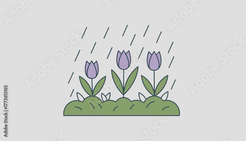 Soft rain falls gently on budding flowers saturating the soil and invigorating the surrounding plant life with nourishing moisture.