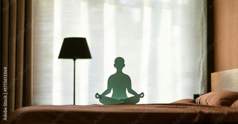 Fototapeta premium Silhouette depicts person meditating. Bedroom scene features lamp, curtains, bed. Peaceful, calm atmosphere present.