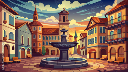 Vector of an old town square with stone fountain, antique buildings, cloudy sky, calm atmosphere, warm nostalgic vintage city scene