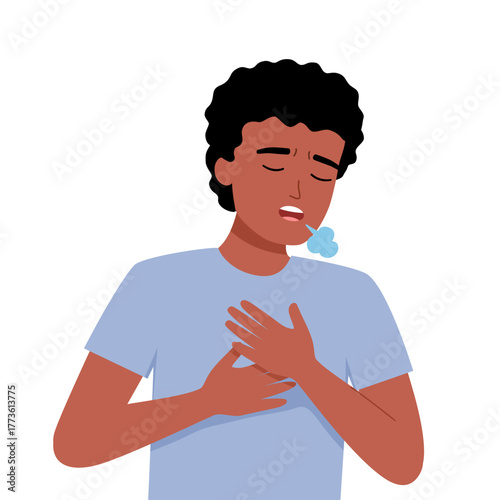 Man pressing against his chest with a shortness of breath symptom in flat design on white background. Difficulty breathing.