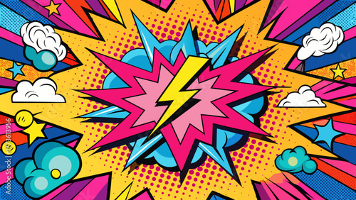 Comic Book Explosion with Lightning Bolt and Stars, Retro Pop Art Style