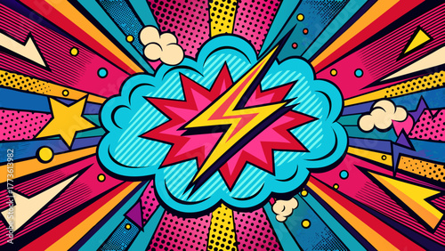 Comic Book Style Lightning Bolt Explosion with Colorful Rays and Stars