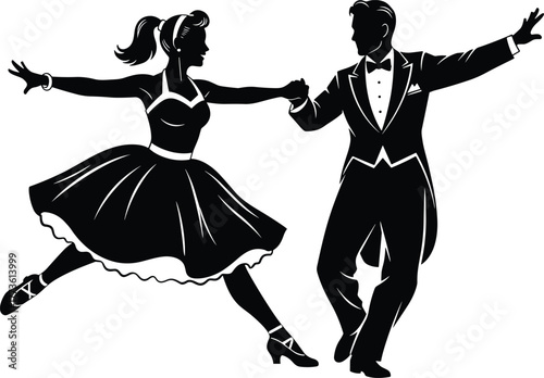 Elegant dancing couple silhouette, vintage ballroom dance, swing movement, retro fashion, tuxedo and dress performance, romantic artistic black white illustration