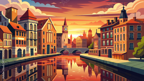 Realistic vector of antique buildings along a canal, reflections on water, warm sunset colors, nostalgic historical European city scene