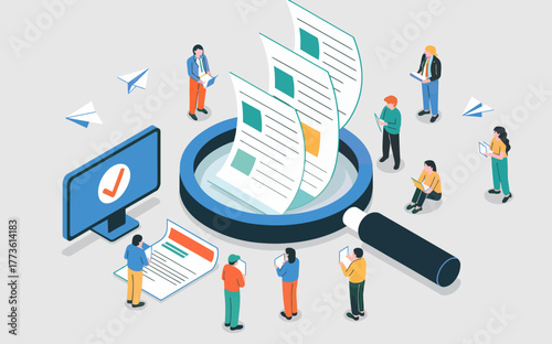 Isometric Business Analysis and Document Review with Magnifying Glass and Team Members Examining Reports for Accuracy and Compliance