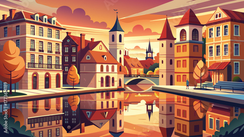 Realistic vector of antique buildings along a canal, reflections on water, warm sunset colors, nostalgic historical European city scene