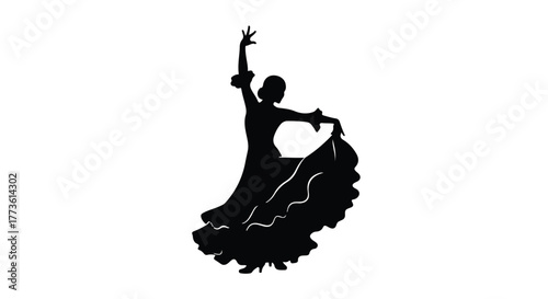 Graceful flamenco dancer in silhouette with flowing dress in dynamic pose