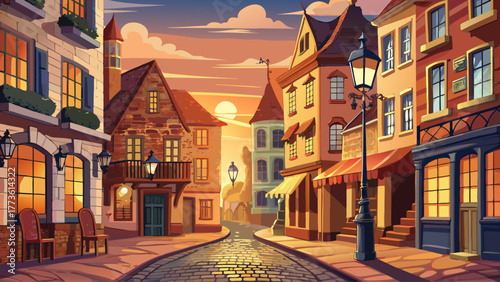 vintage vector of an old European street with cobblestone road, gas lamps, brick buildings, warm evening light, nostalgic historical cityscape atmosphere