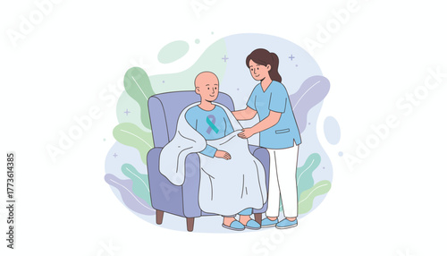 Nurse aids chemotherapy patient wearing an awareness ribbon Medical support and recovery concept