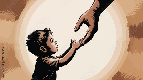 A child reaching up towards a large hand in a stylized illustration with a light background glow effect