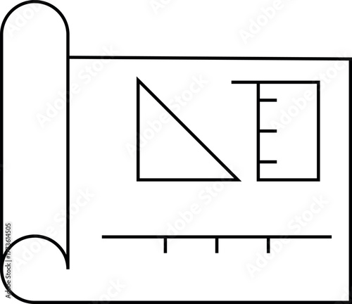 Architect Blueprint Icon – Minimal Line Art Vector of Construction Plan, Drafting Ruler, and Geometry Tools for Engineering Design