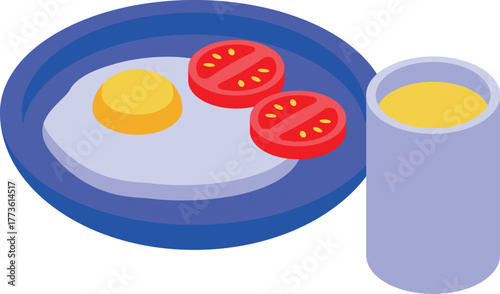 Isometric breakfast with a fried egg and tomato slices served on a blue plate with a glass of orange juice
