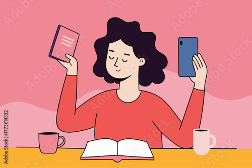 Woman Multitasking with Book and Smartphone in Modern Pink Illustration