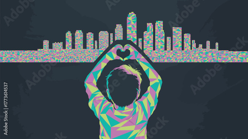 A person making a heart shape with their hands in front of a colorful skyline illustration art