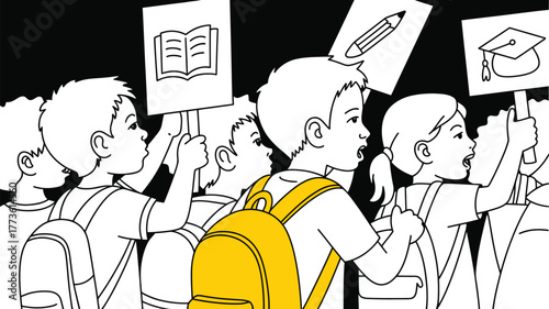 Illustration of students protesting for education with signs and backpacks in black and white