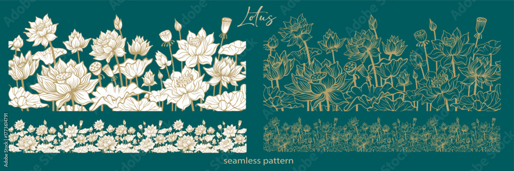 Fototapeta premium Seamless border patterns with lotus flowers, outline drawing