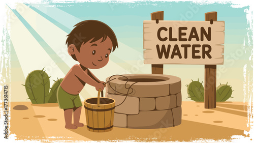 A cartoon boy drawing water from a well with a clean water sign in a desert landscape scene art