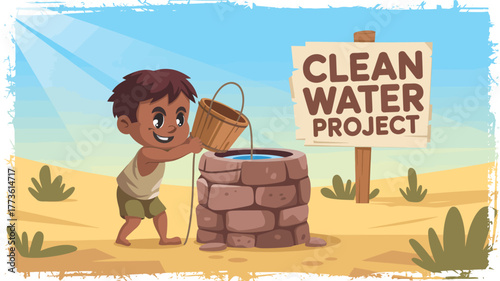 A cartoon illustration of a boy drawing water from a well with a clean water project sign nearby