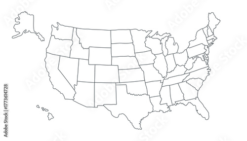 Map of the United States of America in line art style. USA geographical borders isolated on white background. Vector template.