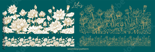 Seamless border patterns with lotus flowers, outline drawing