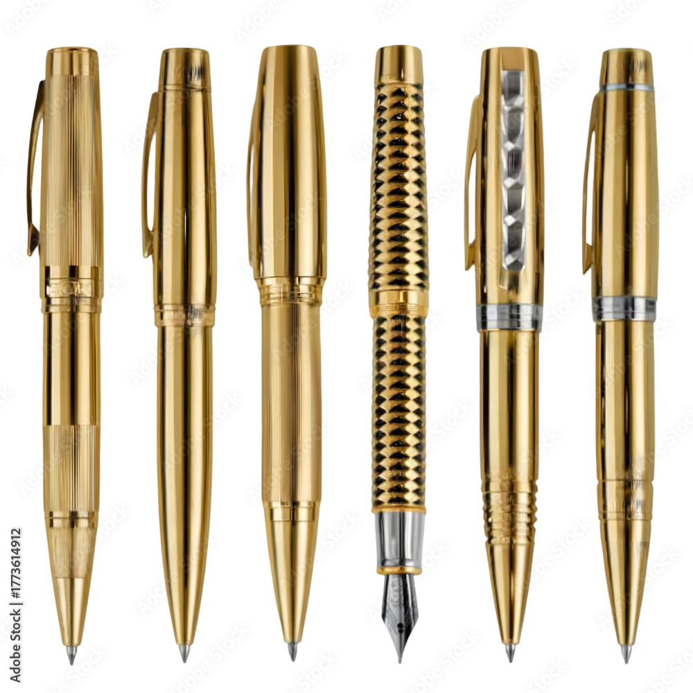 Fototapeta premium A collection of six luxurious gold pens, including ballpoint, rollerball, and fountain pens, isolated on transparent background