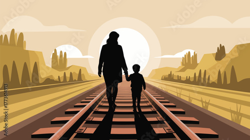 Silhouette of mother and child walking on railroad tracks towards the sun in a desert landscape