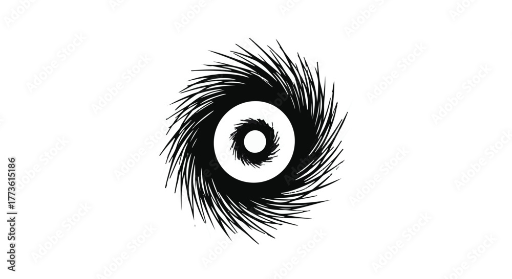 Fototapeta premium Abstract swirling black vortex with eye-like center on white background, representing chaos or a portal