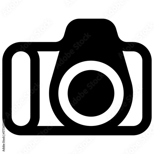 Photo camera. Outlined stroke vector icon with black-filled details.