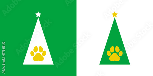 Logo pet friendly. Árbol de navidad con forma de triángulo con estrella y zarpa de perro o gato para tarjetas y felicitaciones de Navidad