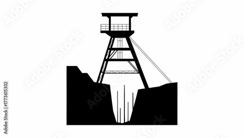 Silhouette of a Mining Headframe Structure Against a White Background Representing Industrial History and Engineering Technology