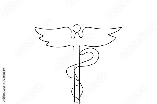 Caduceus one line drawing minimalist style medical symbol vector illustration on white background
