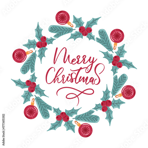 Circular frame featuring a Christmas wreath of holly and baubles, creating a festive border ideal for vector illustrations.