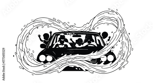 Joyful group of friends on a spontaneous road trip adventure, splashing through water