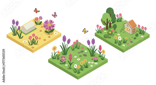 Isometric garden scenes with flowers, trees, and butterflies in flat design