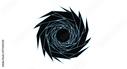 Abstract geometric vortex with glowing blue lines on white background.