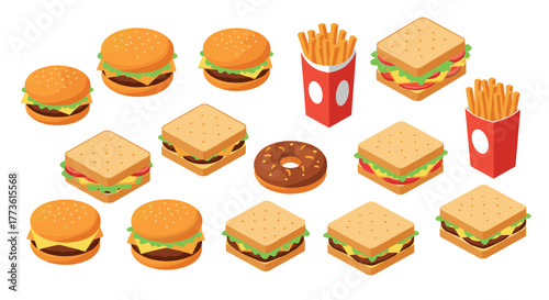 Isometric fast food: burgers, sandwiches, fries, and donut collection