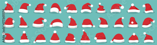 Santa hat with shadow in a flat design. Santa Claus cap icons. Christmas Santa hat collection. Cartoon red hats icon
