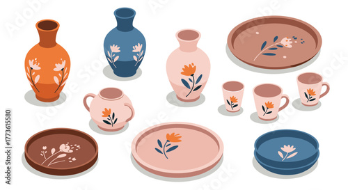 Floral ceramic pottery in isometric style