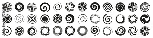 Spiral symbol collection in dynamic circular design. Variety of swirl and rotation patterns for motion, hypnosis and creativity themes