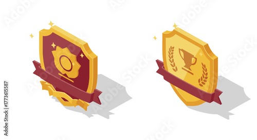 Isometric award badges with shields and trophies for achievement recognition