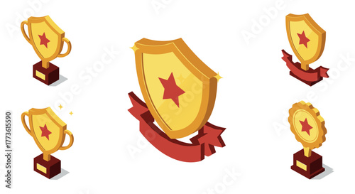 Golden award symbols with red stars and ribbons in isometric style